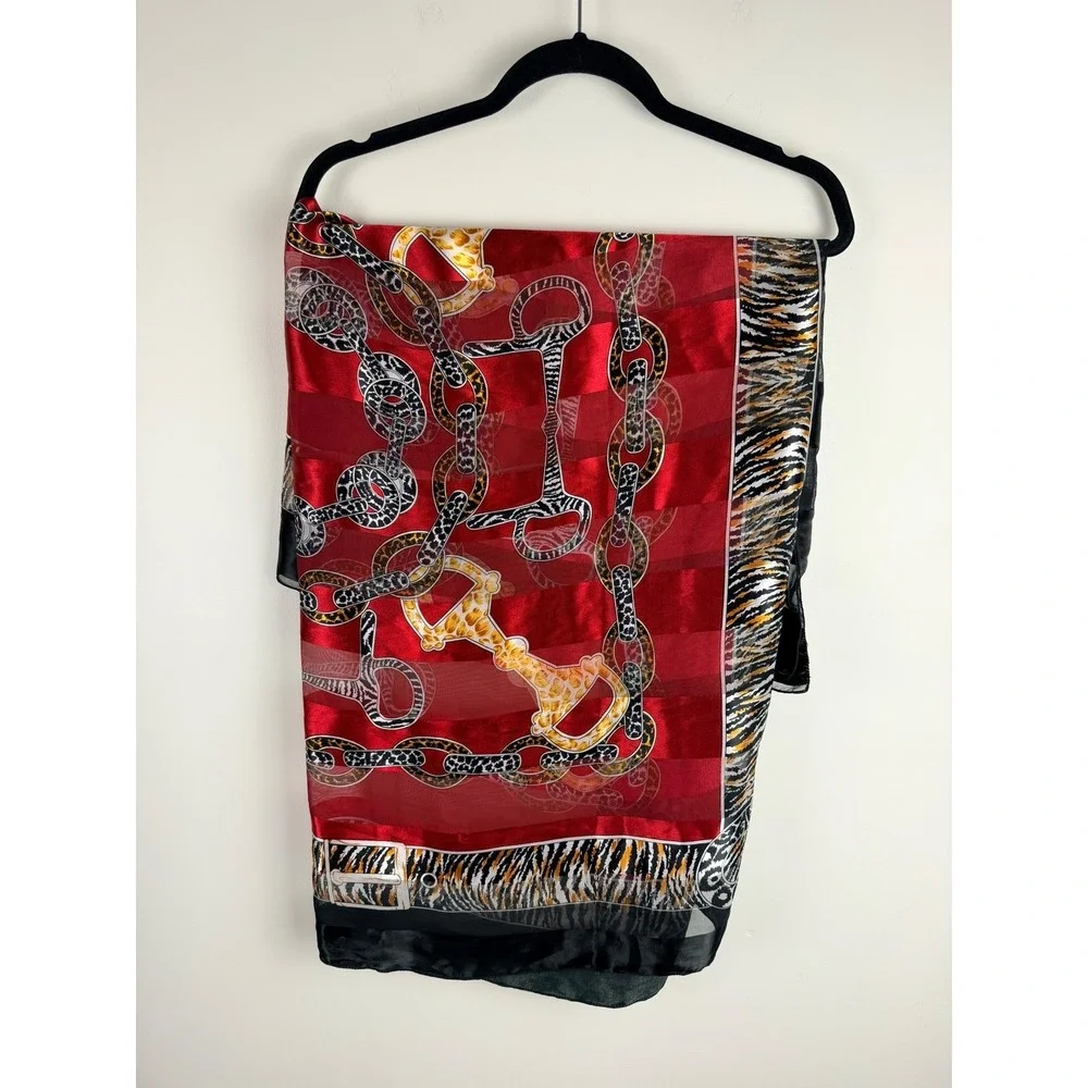 Red‎ Black Equestrian Chain Horse Bit Animal Print Square Scarf Neckerchief